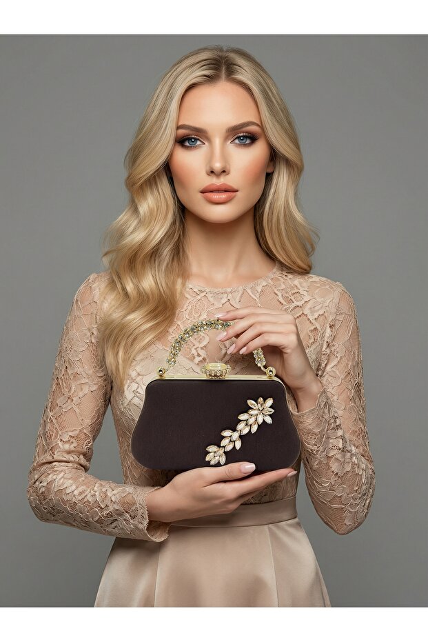 Brown Z.A.R.A. Satin Crystal Stone Embroidered Chain Women's Evening Dress Bag Wedding Engagement Graduation