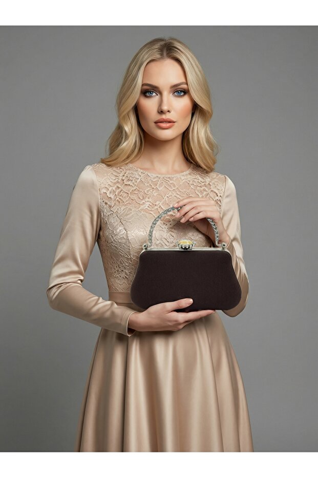 Brown Z.A.R.A. Satin Crystal Stone Embroidered Chain Women's Evening Dress Bag Wedding Engagement Graduation