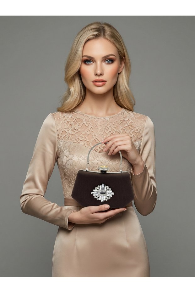 Brown Z.A.R.A. Satin Crystal Stone Embroidered Chain Women's Evening Dress Bag Wedding Engagement Graduation