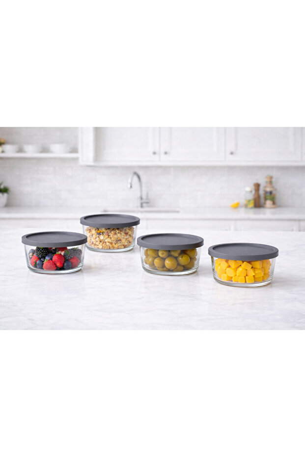 Feyzade Round Glass Storage Container Set (1490Cc X 4 Pieces) Gray with Lid (Lv-Rnd-217)