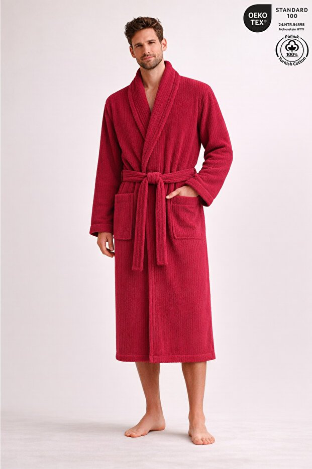 Men's Striped Bathrobe 100% Cotton Certified Şalyaka 1 Piece, Dressing Gown / Burgundy Bathrobe