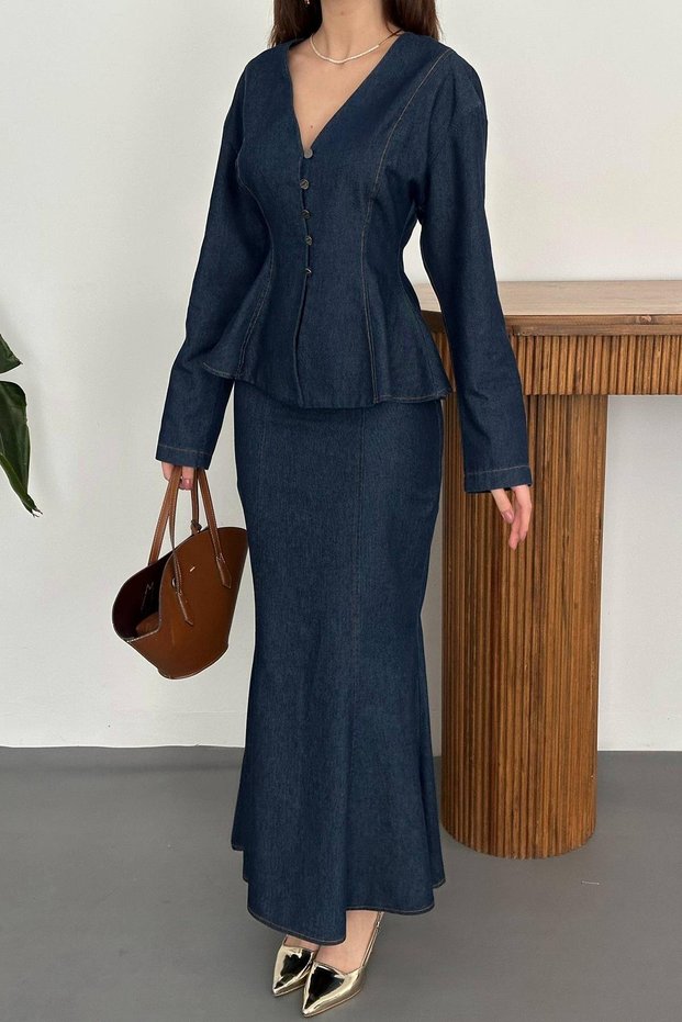Women's Navy Blue Denim Raw Set - V-Neck Peplum Jacket and Full-Length Mermaid Skirt Set