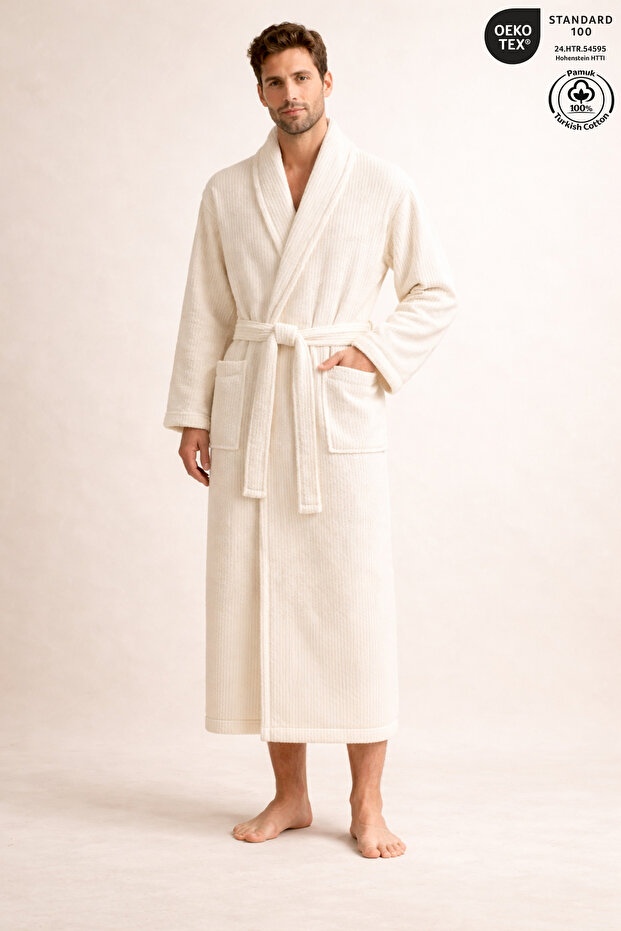 Men's Striped Bathrobe 100% Cotton Certified Şalyaka 1 Piece, Dressing Gown / Cream Bathrobe