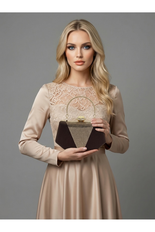 Brown Z.A.R.A. Satin Crystal Stone Embroidered Chain Women's Evening Dress Bag Wedding Engagement Graduation