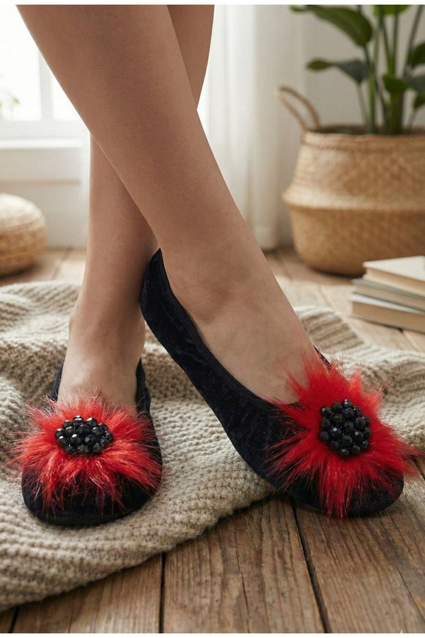Women's Black Home Slippers with Stones and Feathers, Stylish Home Shoes, Booties, Slippers