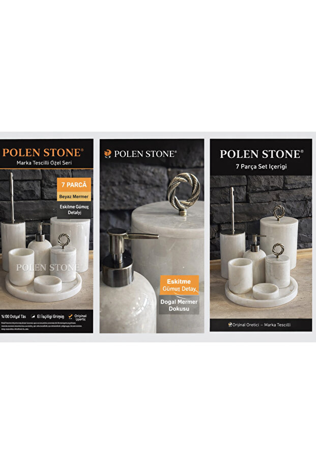 ® Trademark Registered 7-Piece White Marble Bathroom Set with Antique Silver Detail, 100% Natural Stone