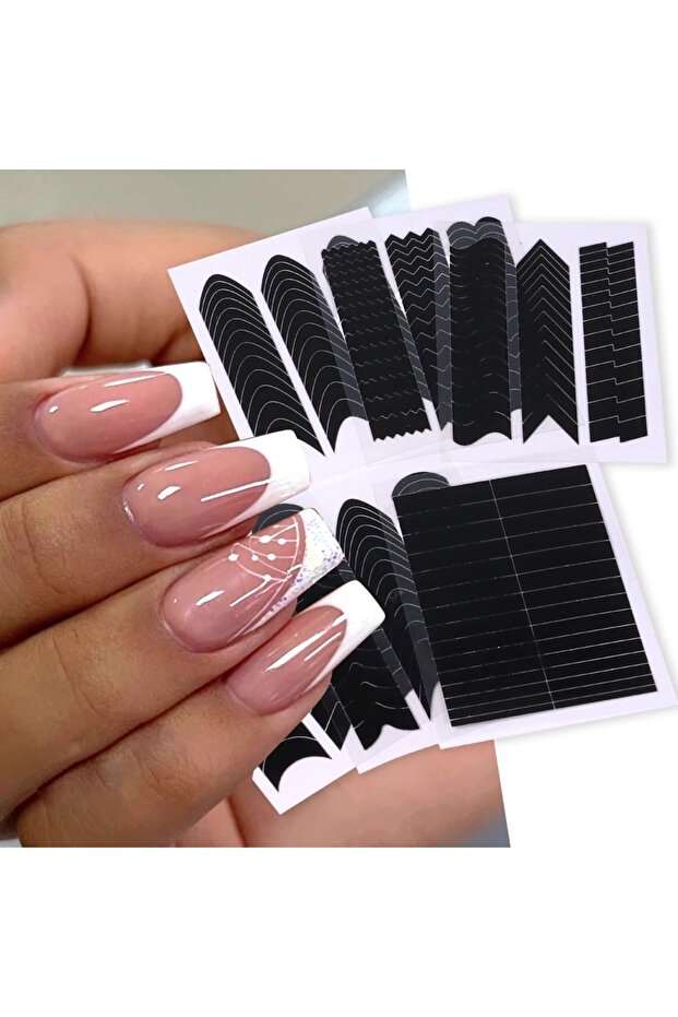 H308-6pcs set French Strip Line Nail Art Form Fringe Tip Guides Wavy Oblique Spray Template Stickers