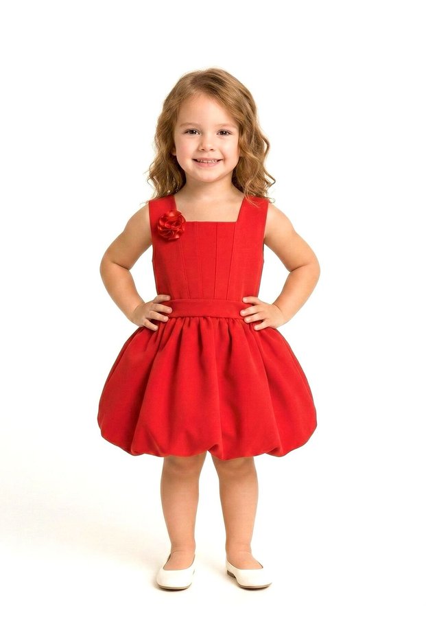 Red Floral Detailed Balloon Skirt Thick Strap Party Dress
