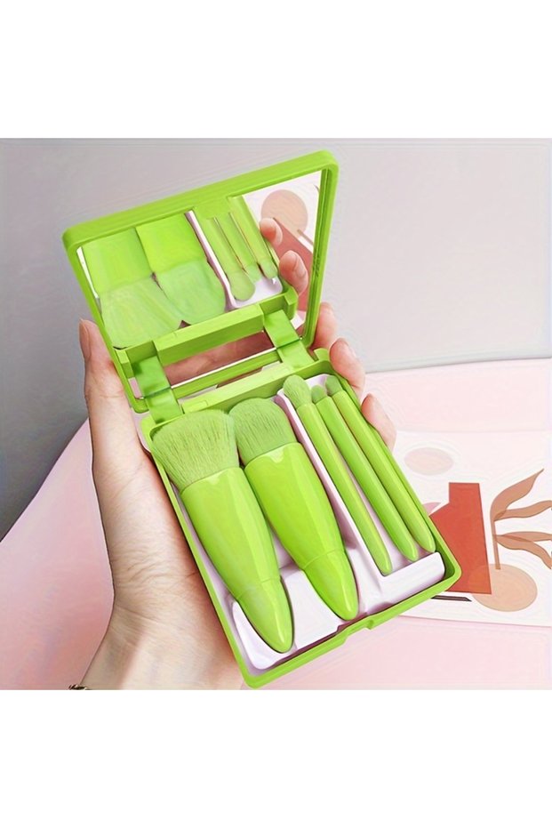 Coffee Pink 5Pcs Portable Makeup Brush Set With Mirror - Foldable Travel Kit ，Mini Makeup Brush Set
