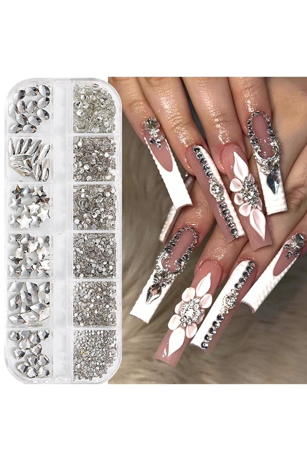 12G-XC02 12 Grids Gold Pink Shadow Flatback Rhinestones Glitter Nail Charms Crystal Diamond Nail Art