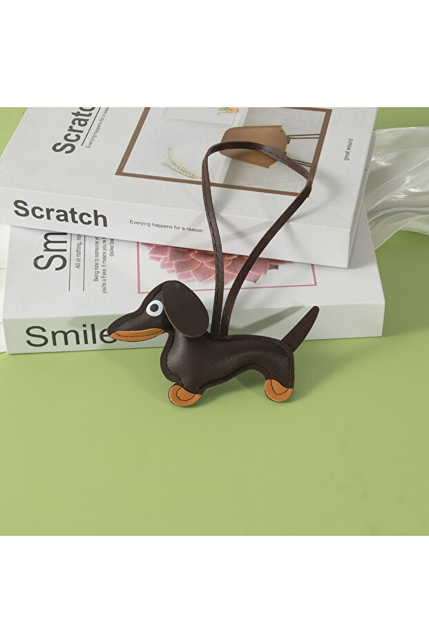 Dark Brown Cute Dachshund Keychain Leather Design Dog Charm for Bag Car Ornament Perfect Gift for Wo