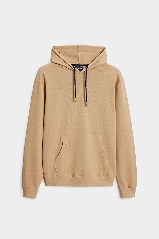 Light Beige Men's Hooded Kangaroo Pocket Plain Comfortable Fit Sweatshirt Without Pockets