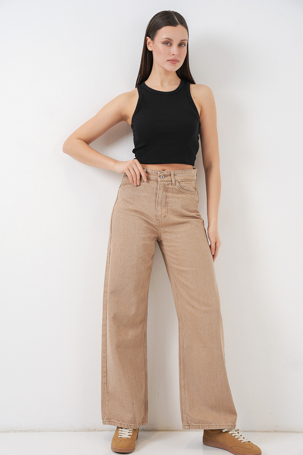 Women's Wide Leg High Waist Palazzo Jeans 6656 - Mink
