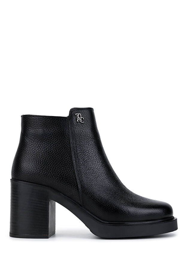 Women's Genuine Leather Black Floater Heeled Boots