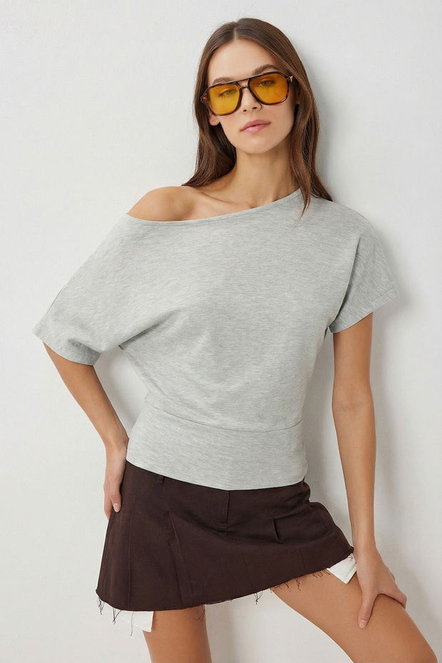 Open Shoulder Modal Blouse Lby0048 Gray Melange