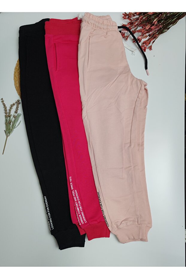Text Detailed Elastic Girls' Sweatpants Powder