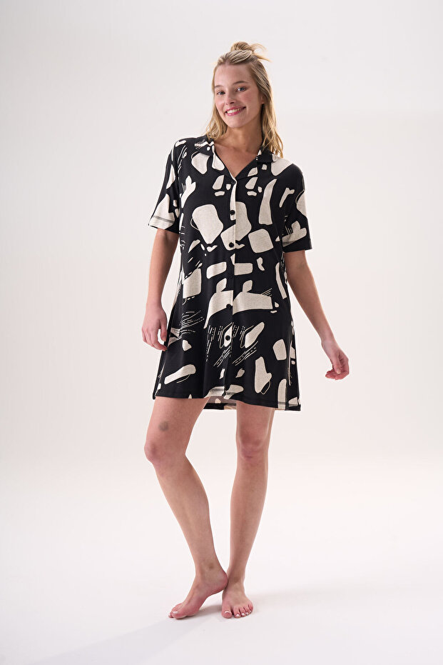 Short Sleeve Shirt Model Front Buttoned Geometric Pattern Bamboo Fabric Summer Women's Nightgown 26220