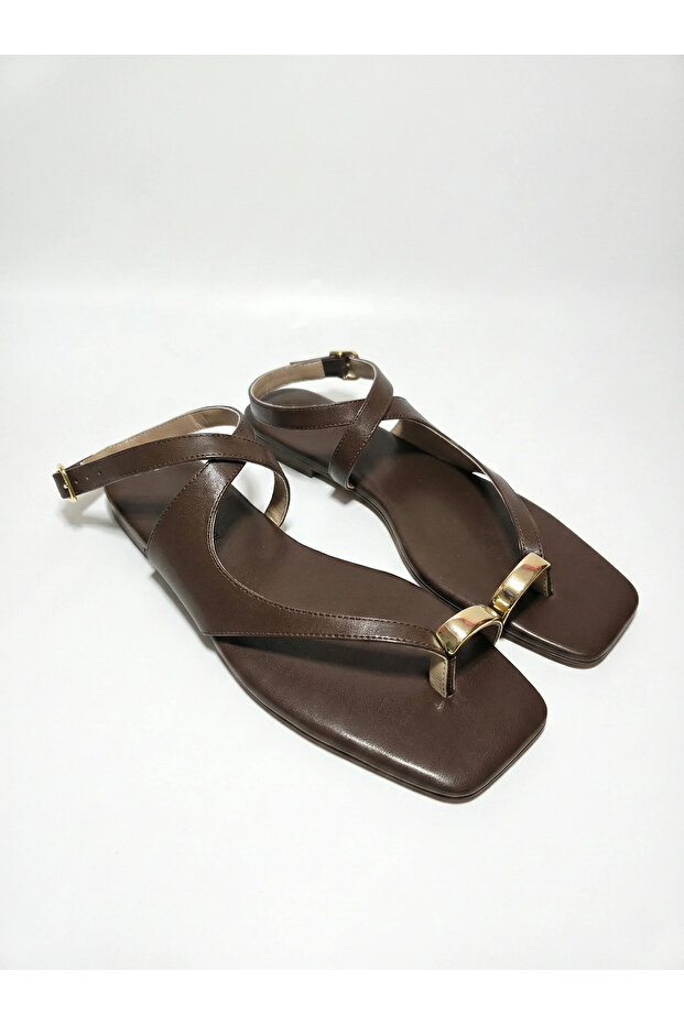 Calvi Gold Detailed Ankle Strap Sandals - Brown
