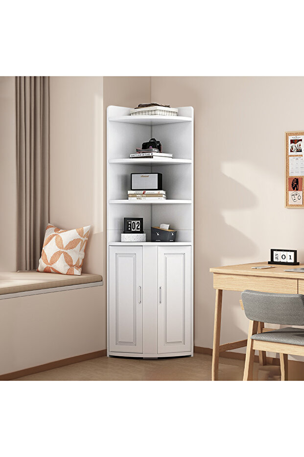 رف زاوية، خزانة تخزين متعددة الطبقات، رف كتب مثلث الشكل قائم على الأرض - 3