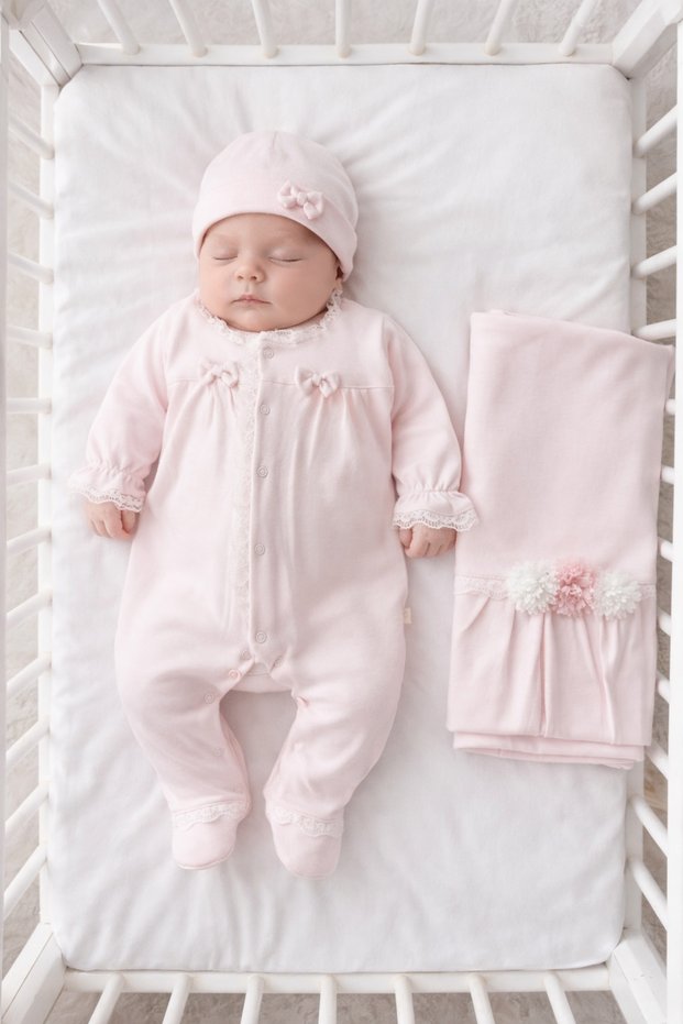 Mathilda Floral Detailed Bowknot 3-Piece Organic Hospital Discharge Set 100% Cotton Baby Girl Newborn