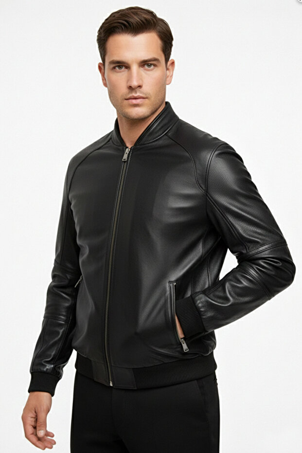Black Marco Genuine Leather Men's Bomber Jacket