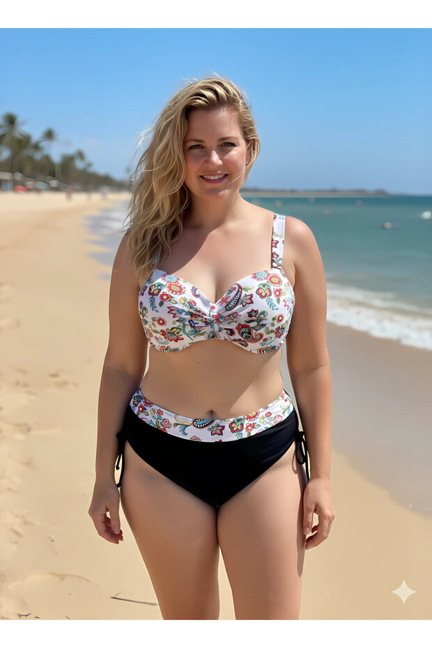 Women's White Black Patterned High Waist Lined Large Size Bikini Set Hzl25S-Lc3339