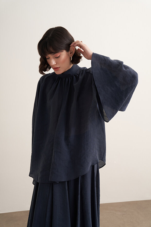 Helena High Neck Draped Blouse Navy Blue