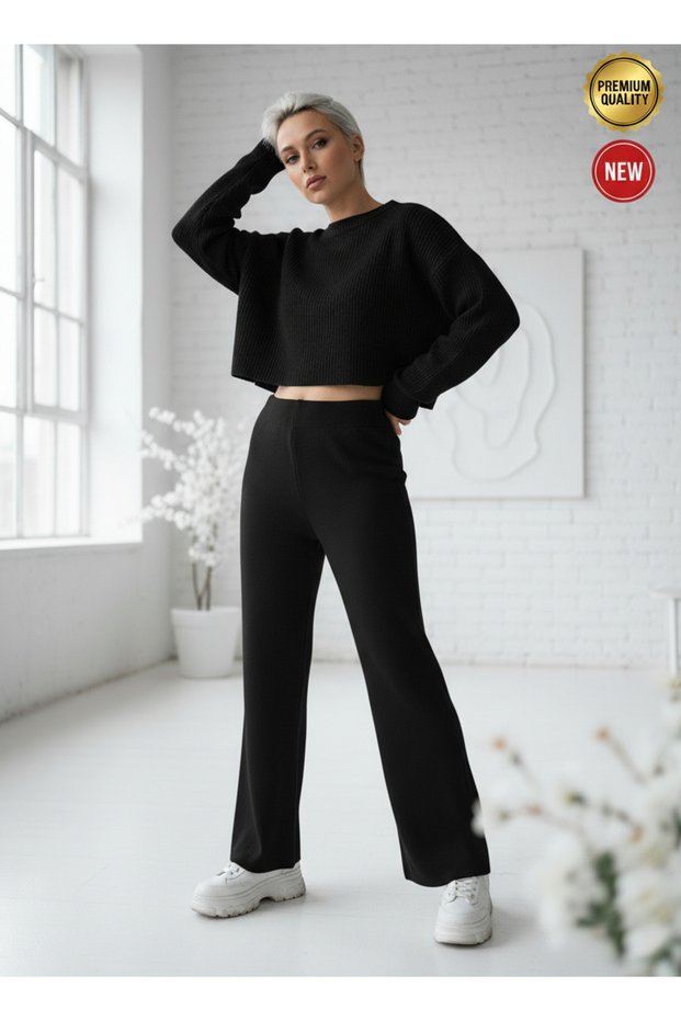 Women's Black Knitwear Trousers Single Bottom S-M-L Compatible Flexible One Size