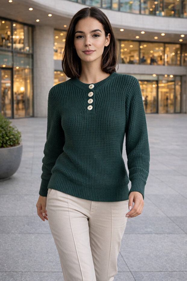 Women's Green Knitwear Sweater Round Neck Buttoned Long Sleeve Basic Winter Soft