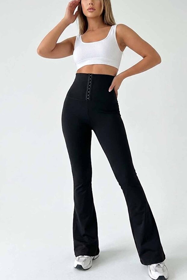 Women's Black High Waist Corset Detailed Gathering Spanish Leggings Pants