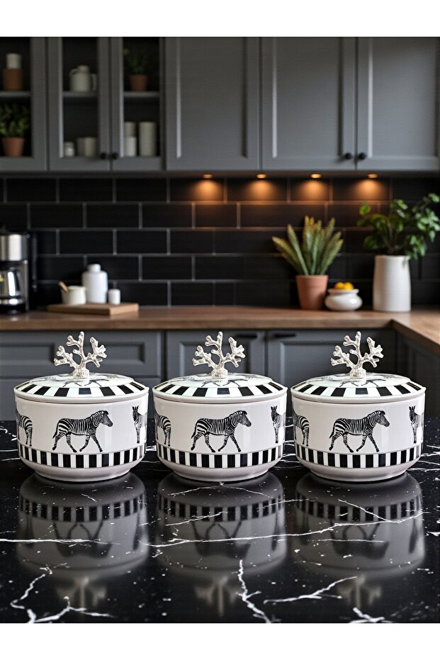 Kitchen Accessory 3-Piece Breakfast Storage Container Spice Rack Sugar Bowl Zebra Horse Pattern Silver