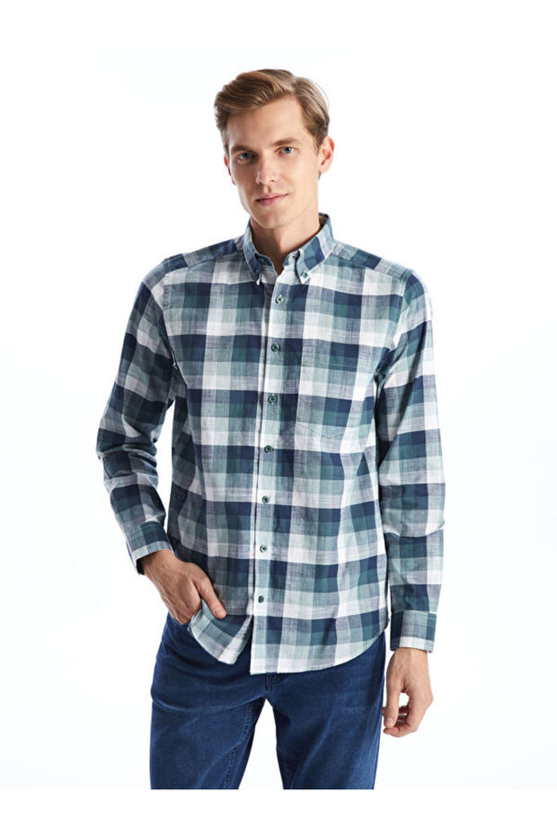 Regular Fit Long Sleeve Plaid Poplin Men's Shirt