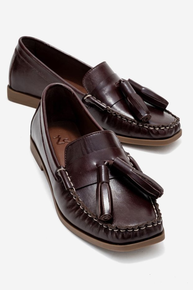 Women's Genuine Leather Loafers Tassel Detailed Brown Siena Color-Match Leather Lining