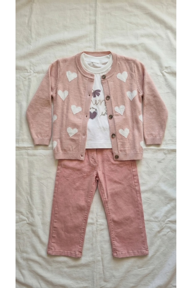 Girl's Heart Patterned Knitwear Cardigan, Bodysuit and Canvas Trousers Three-Piece Set