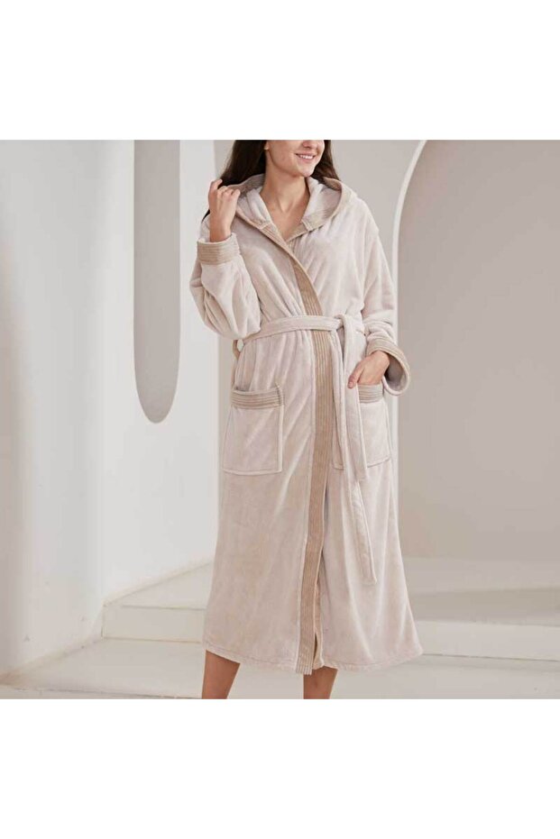 روب حمام عصري بغطاء رأس - بيج - مقاس XS-S