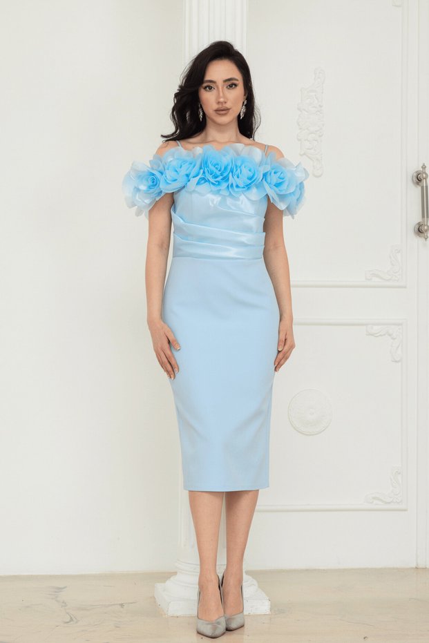 Alt Atlas Fabric Top Organza Fabric Rose Detailed Pencil Dress - Baby Blue