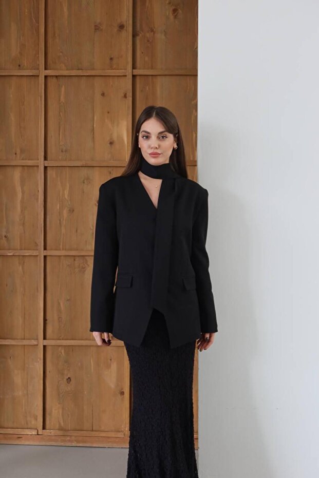 Women's Black Scarf-Lined Asymmetrical Blazer Jacket