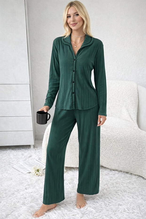 Straight Report Front Buttoned Pajama Set - 2