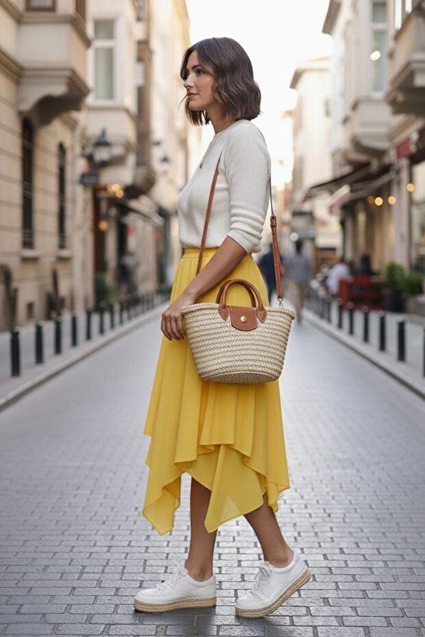 Women's Asymmetrical Banana Crepe Double Layer Comfortable Fit Skirt with Elastic Waist
