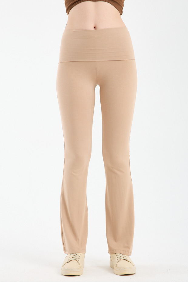 Women's Beige Spanish Leggings with Folded Waist - H5989