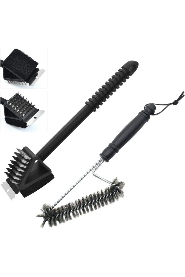 2 Pcs BBQ Cleaning Brush Set - 3-in-1 Wire Grill Brush with Triangle Scraper & Metal Cleaning Head