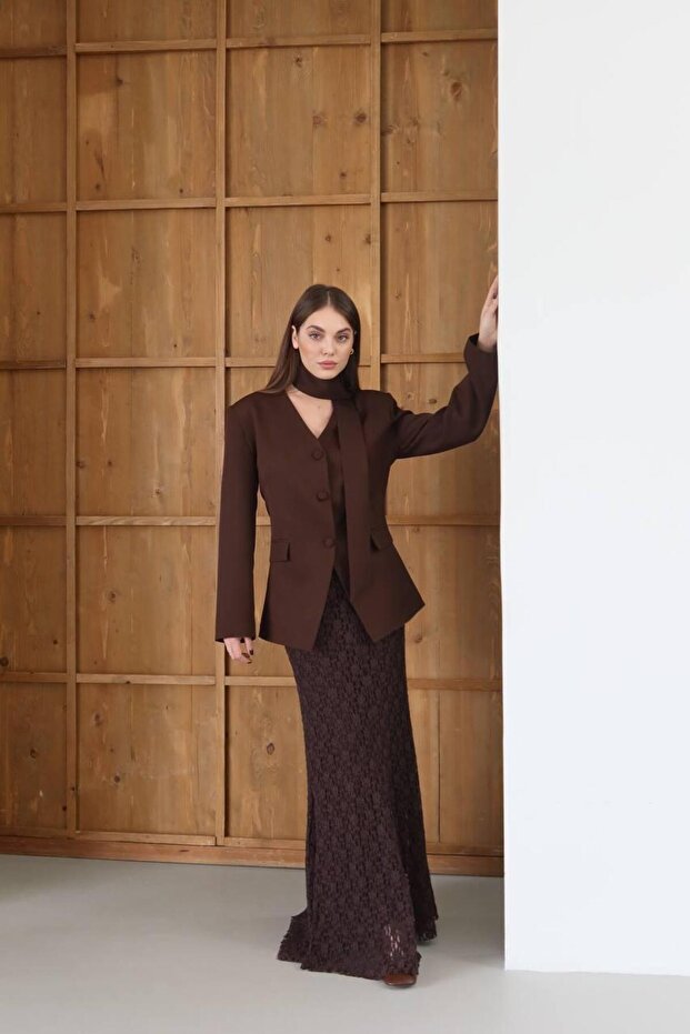 Women's Brown Scarf-Lined Asymmetrical Blazer Jacket