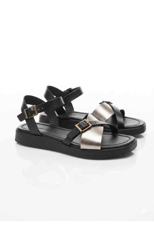 Genuine Leather Black Silver Padded Sole Women's Sandals