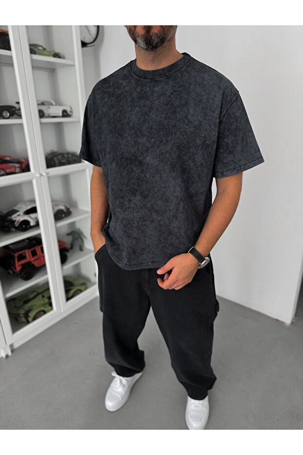 Siyah Yıkamalı Basic Oversize T-Shirt C-099 - 1
