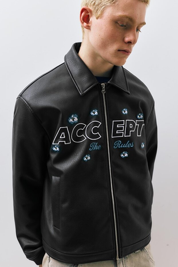 Çiçekli suni deri ceket - 5