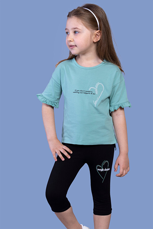 Girl's 2-Piece Set Printed Crew Neck T-Shirt with Ruffle Sleeves & Basic Plain Crop Leggings