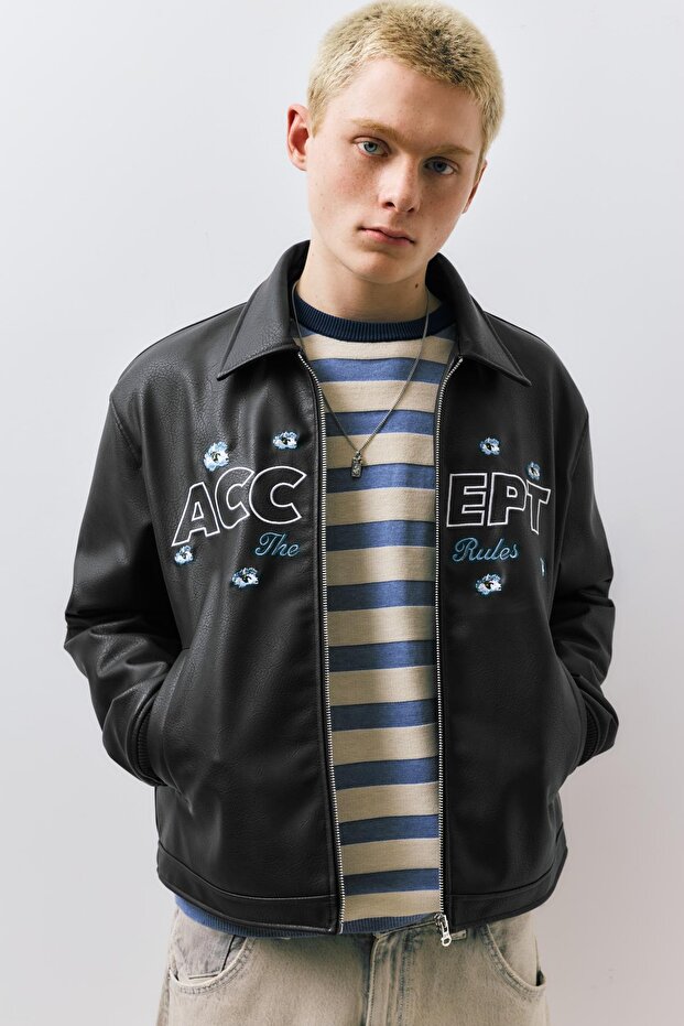 Çiçekli suni deri ceket - 2