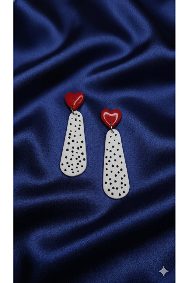 Rosina Red Heart Detailed Black Polka Dot White Polymer Clay Earrings