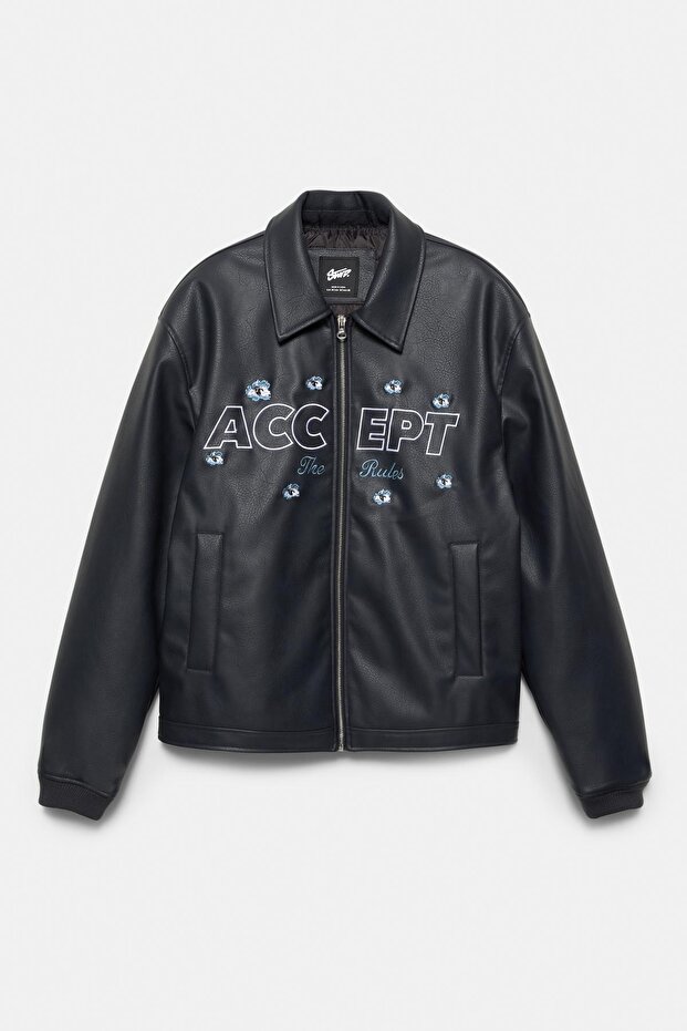 Çiçekli suni deri ceket - 8