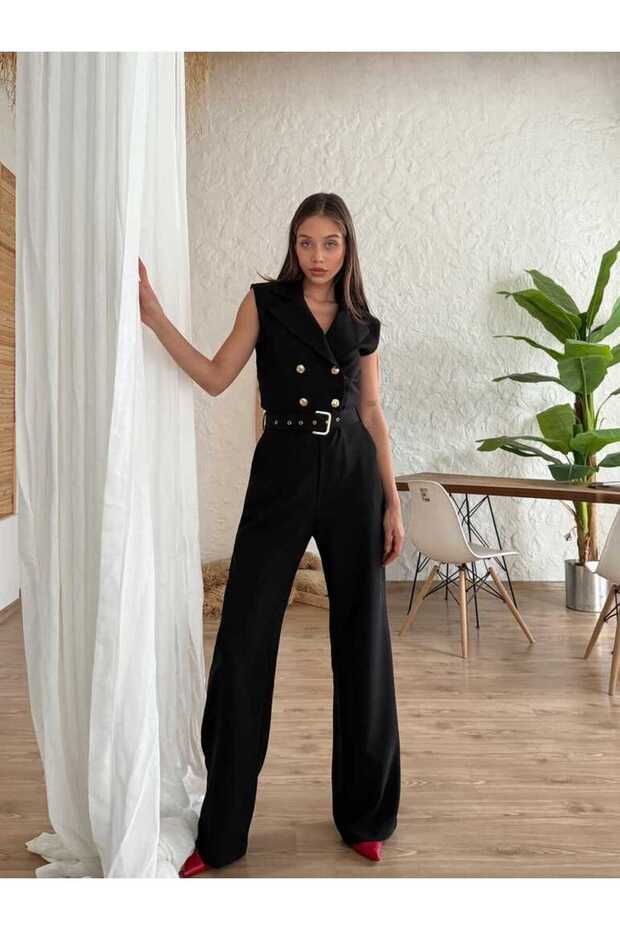 Modern Fit Double Breasted Collar Belted Jumpsuit